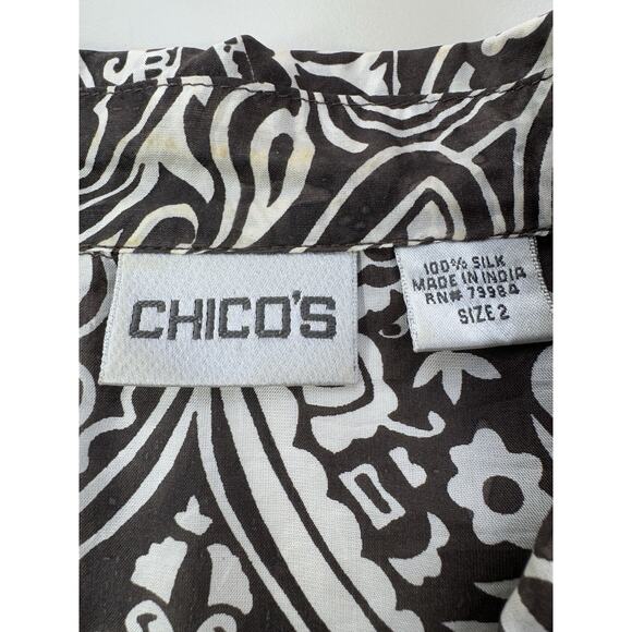 CHICOS Shirt Womens Silk Button Up Top Size 2 Large Brown Cream Resort Tribal - Picture 5 of 14